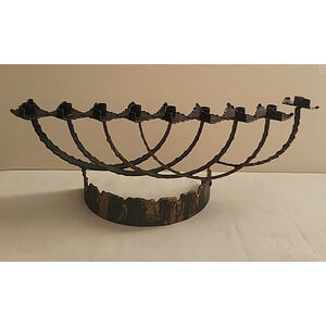 Vintage Brutalist Black Metal Iron Handmade Menorah gold drip paint Israel 13 in